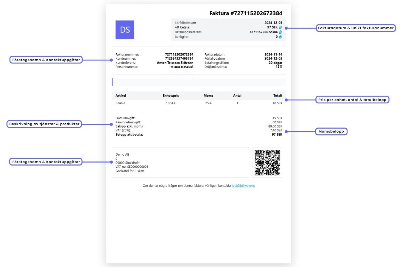 Exempel på fakturamall hos Billwave - faktura PDF, Word och Excel